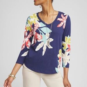 Chico’s Floral V-Neck 3/4 Sleeve Cotton Modal Top Spring Printed Bohemian Large